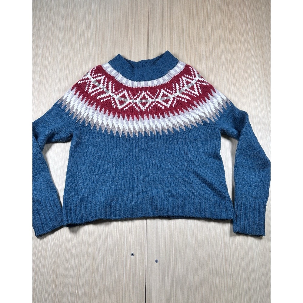 American Eagle Outfitters Sweater Womens M Teal Fair Isle Chunky Knit Mock Neck